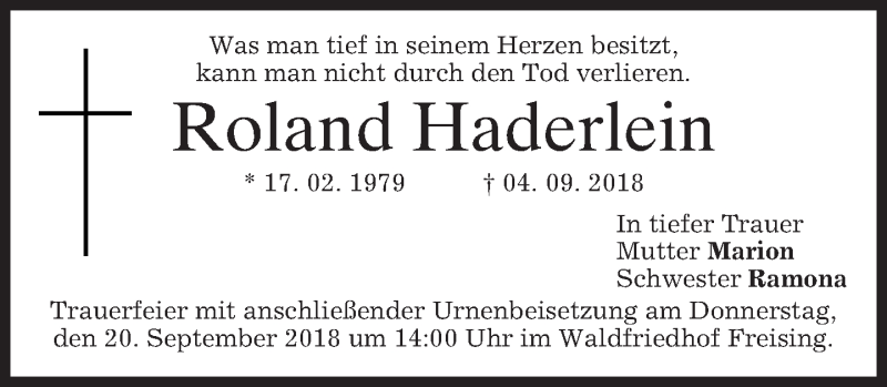  Traueranzeige für Roland Haderlein vom 18.09.2018 aus merkurtz