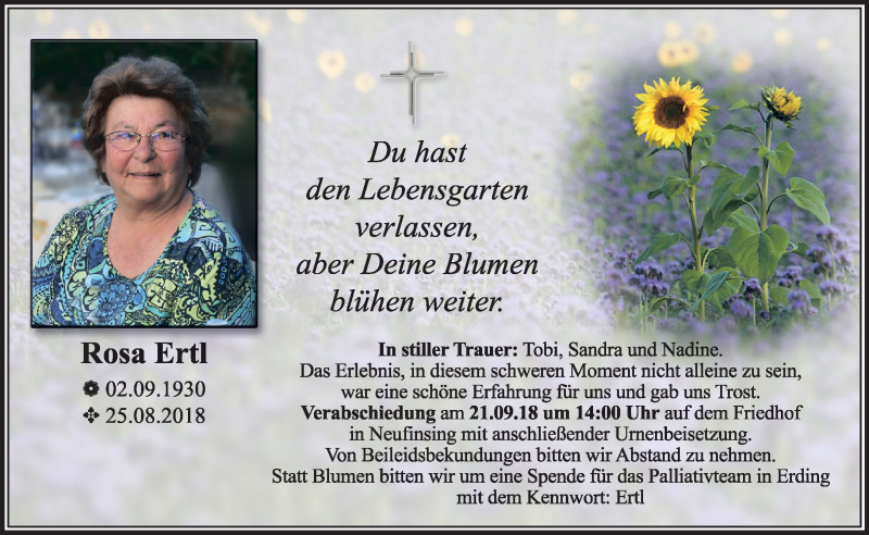  Traueranzeige für Rosa Ertl vom 15.09.2018 aus merkurtz