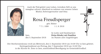 Traueranzeige von Rosa Freudlsperger von merkurtz