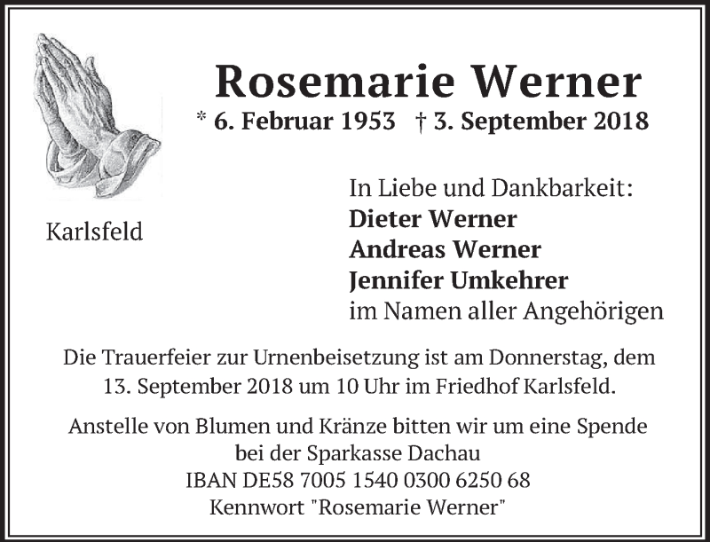  Traueranzeige für Rosemarie Werner vom 08.09.2018 aus merkurtz
