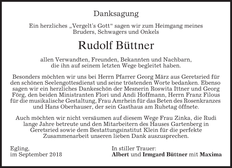  Traueranzeige für Rudolf Büttner vom 08.09.2018 aus merkurtz