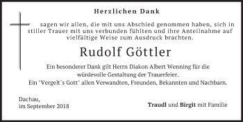 Traueranzeige von Rudolf Göttler von merkurtz