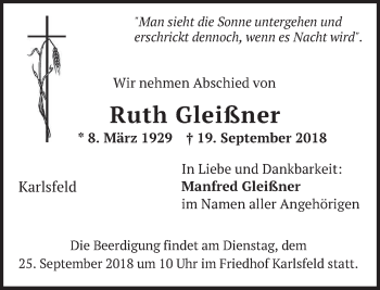 Traueranzeige von Ruth Gleißner