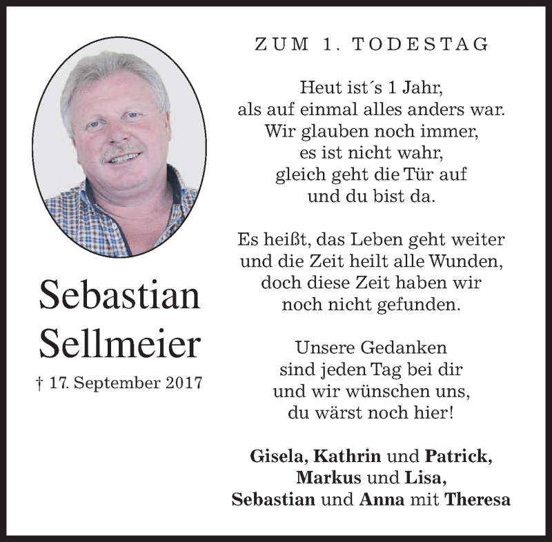  Traueranzeige für Sebastian Sellmeier vom 17.09.2018 aus merkurtz