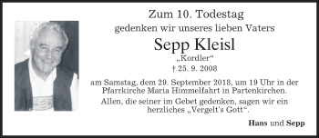  Traueranzeige für Sepp Kleisl vom 26.09.2018 aus merkurtz