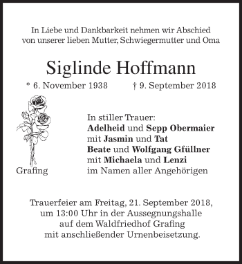Traueranzeige von Siglinde Hoffmann von merkurtz