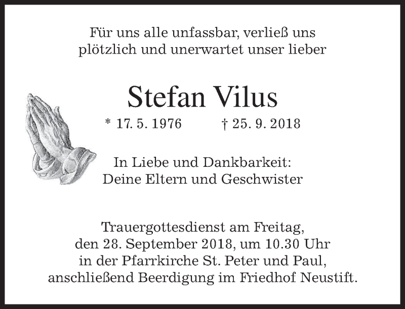  Traueranzeige für Stefan und Ivan  Vilus vom 26.09.2018 aus merkurtz