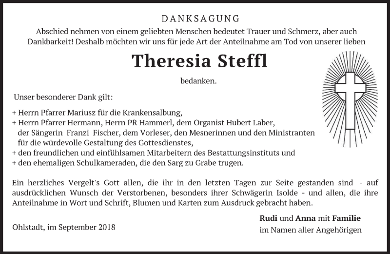  Traueranzeige für Theresia Steffl vom 29.09.2018 aus merkurtz
