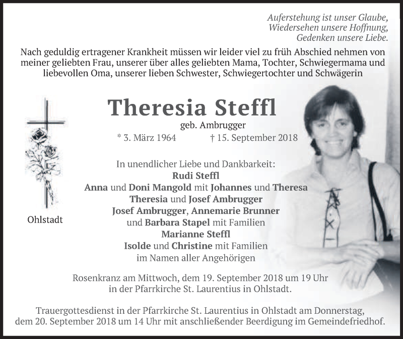  Traueranzeige für Theresia Steffl vom 18.09.2018 aus merkurtz