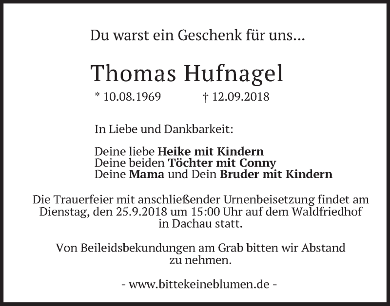  Traueranzeige für Thomas Hufnagel vom 18.09.2018 aus merkurtz