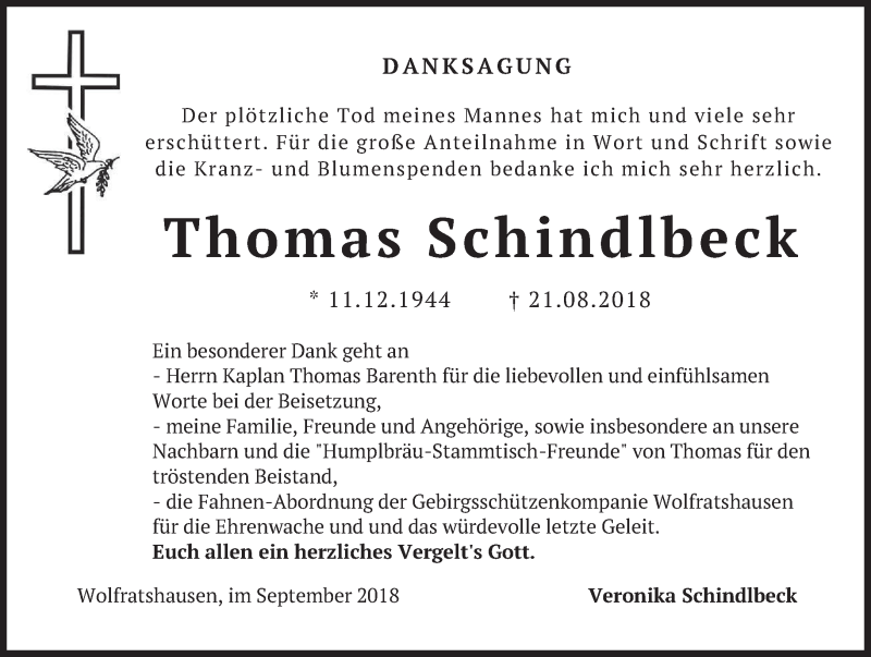  Traueranzeige für Thomas Schindlbeck vom 08.09.2018 aus merkurtz