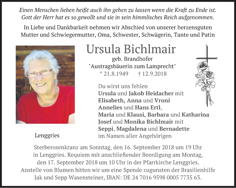  Traueranzeige für Ursula Bichlmair vom 14.09.2018 aus merkurtz