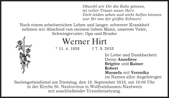 Traueranzeige von Werner Hirt von merkurtz