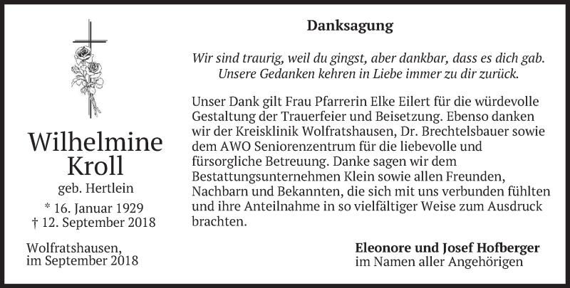  Traueranzeige für Wilhelmine Kroll vom 27.09.2018 aus merkurtz