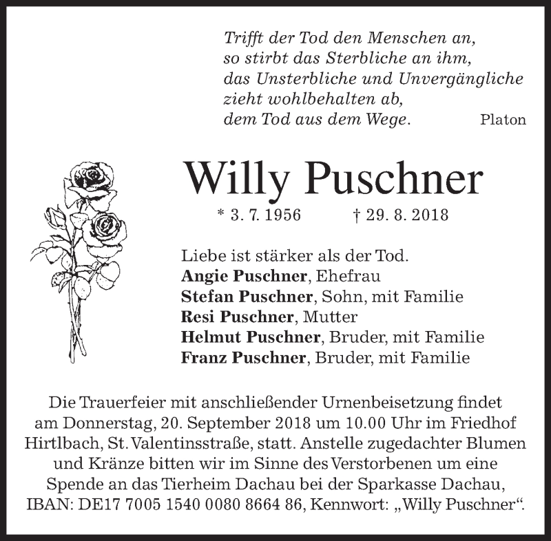  Traueranzeige für Willy Puschner vom 15.09.2018 aus merkurtz
