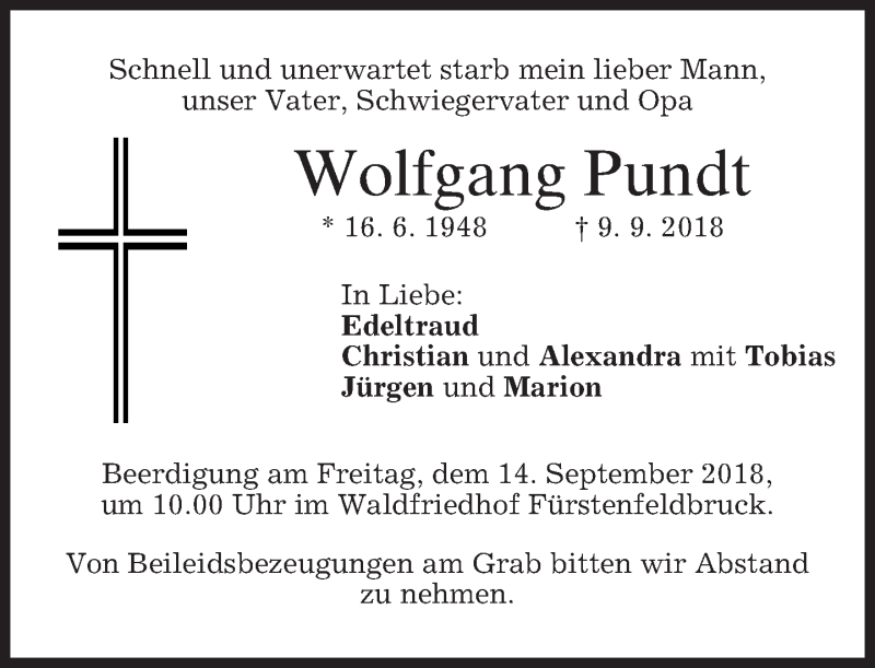  Traueranzeige für Wolfgang Pundt vom 12.09.2018 aus merkurtz