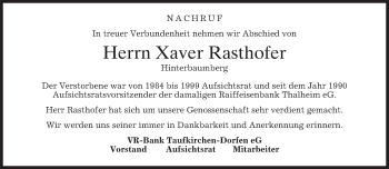 Traueranzeige von Xaver Rasthofer von merkurtz