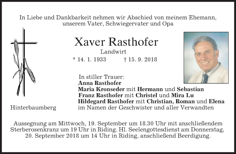  Traueranzeige für Xaver Rasthofer vom 18.09.2018 aus merkurtz