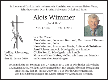 Traueranzeige von Alois Wimmer von merkurtz