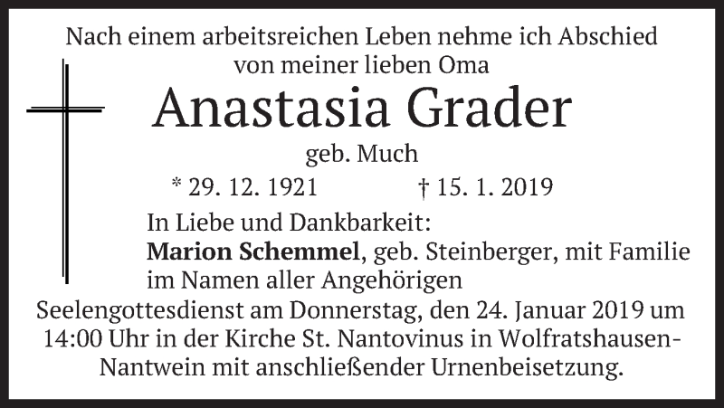  Traueranzeige für Anastasia Grader vom 19.01.2019 aus merkurtz