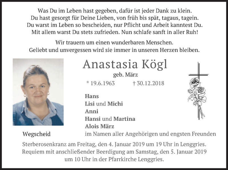  Traueranzeige für Anastasia Kögl vom 03.01.2019 aus merkurtz