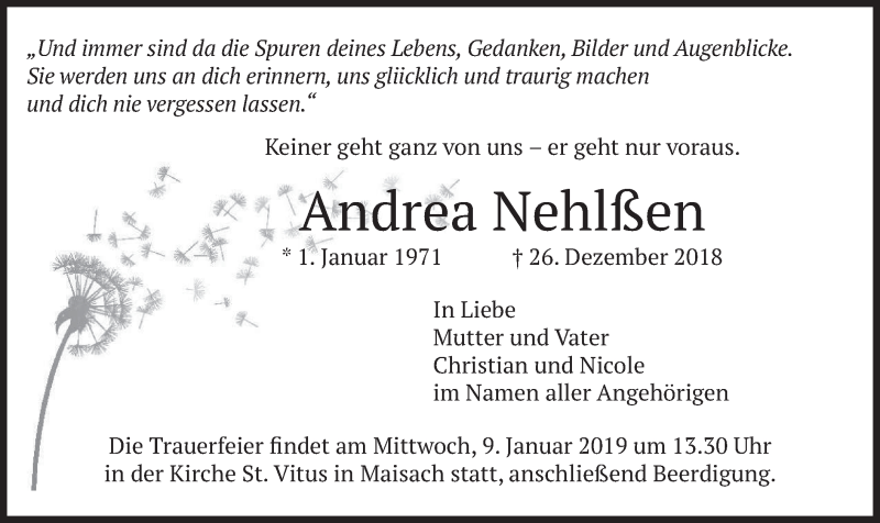  Traueranzeige für Andrea Nehlßen vom 05.01.2019 aus merkurtz