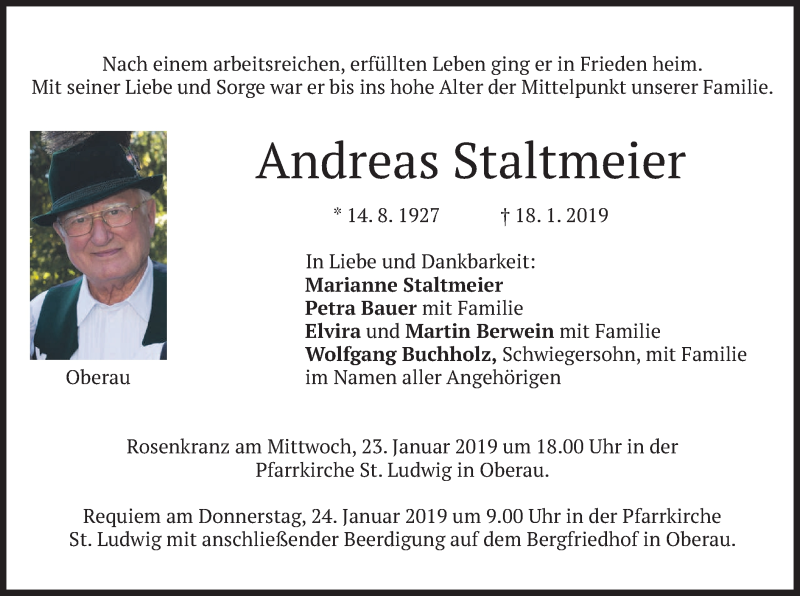  Traueranzeige für Andreas Staltmeier vom 19.01.2019 aus merkurtz