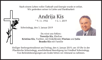 Traueranzeige von Andrija Kis von merkurtz
