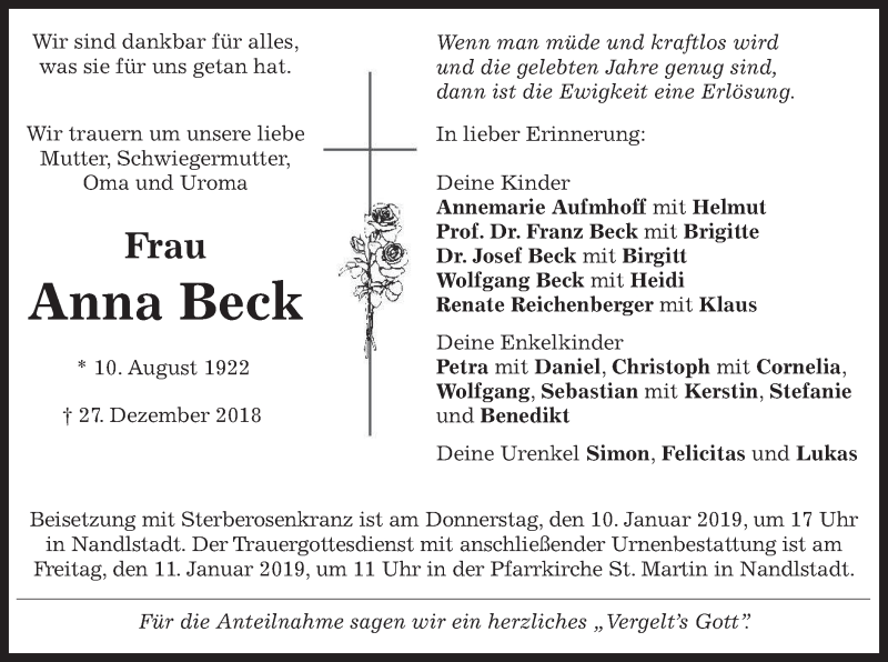 Traueranzeigen von Anna Beck | trauer.merkur.de
