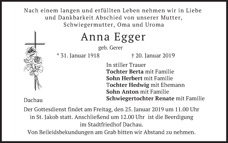 Traueranzeige für Anna Egger vom 23.01.2019 aus merkurtz