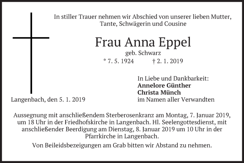  Traueranzeige für Anna Eppel vom 05.01.2019 aus merkurtz