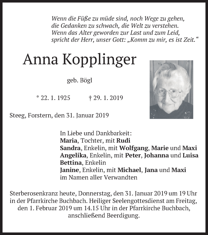  Traueranzeige für Anna Kopplinger vom 31.01.2019 aus merkurtz