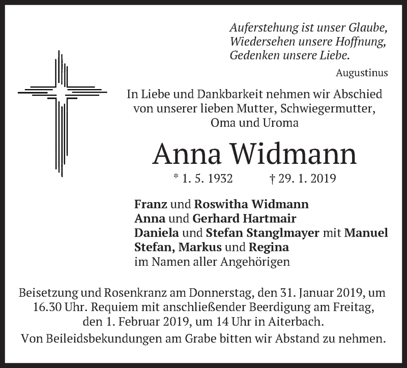 Traueranzeige für Anna Widmann vom 31.01.2019 aus merkurtz