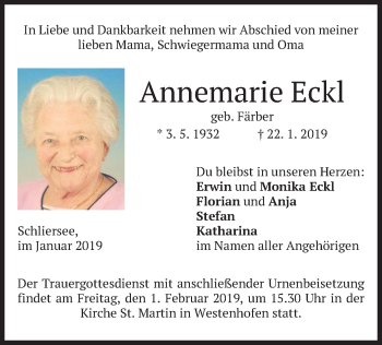 Traueranzeige von Annemarie Eckl von merkurtz