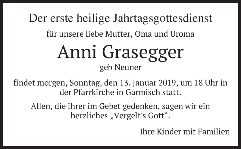  Traueranzeige für Anni Grasegger vom 12.01.2019 aus merkurtz