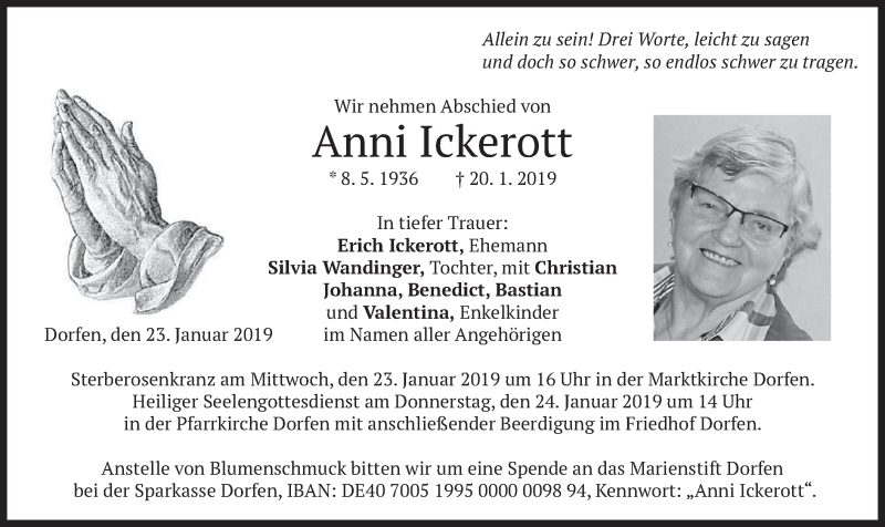  Traueranzeige für Anni Ickerott vom 23.01.2019 aus merkurtz