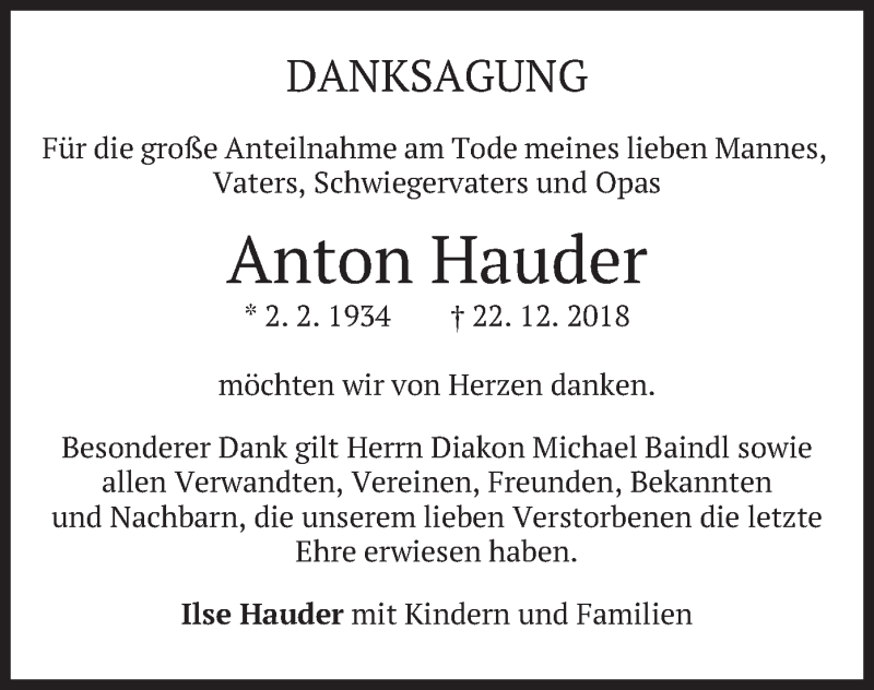  Traueranzeige für Anton Hauder vom 12.01.2019 aus merkurtz