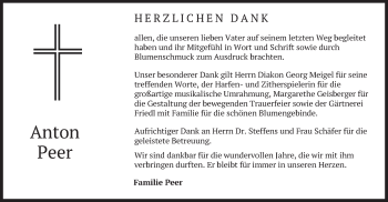 Traueranzeige von Anton Peer von merkurtz