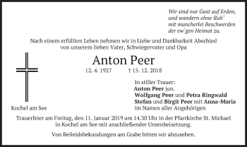 Traueranzeige von Anton Peer von merkurtz