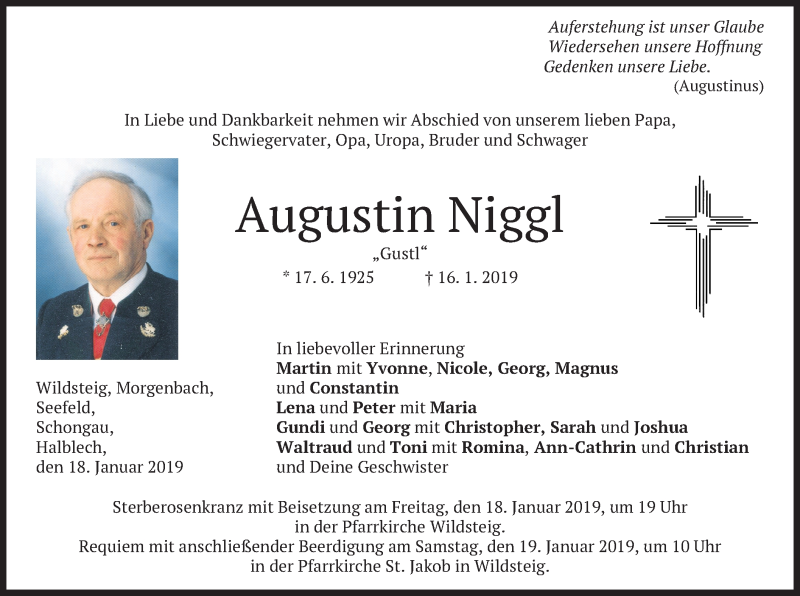  Traueranzeige für Augustin Niggl vom 18.01.2019 aus merkurtz