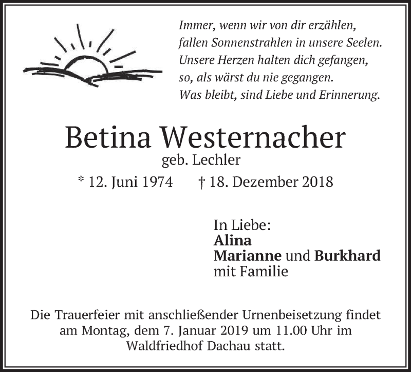  Traueranzeige für Betina Westernacher vom 03.01.2019 aus merkurtz