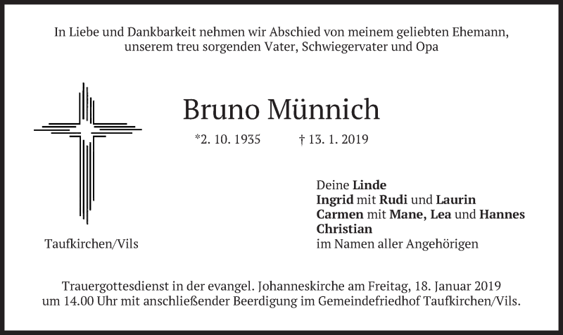  Traueranzeige für Bruno Münnich vom 16.01.2019 aus merkurtz