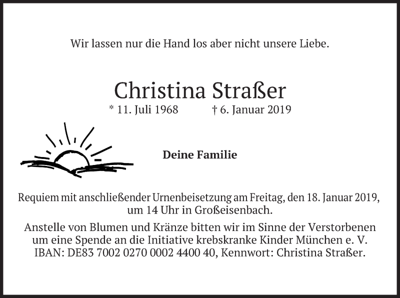  Traueranzeige für Christina Straßer vom 16.01.2019 aus merkurtz