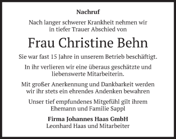 Traueranzeige von Christine Behn von merkurtz