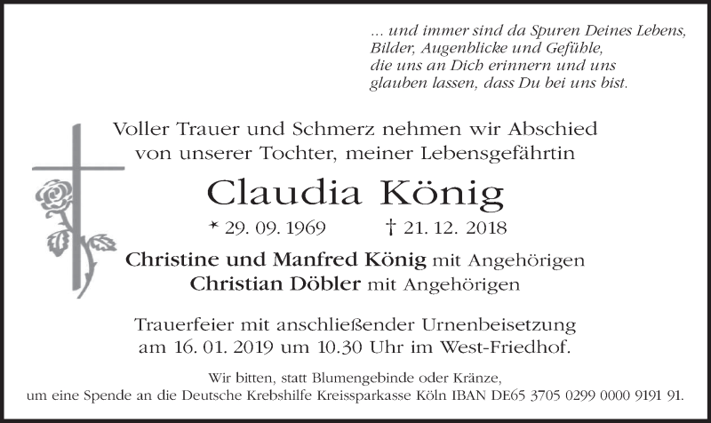  Traueranzeige für Claudia König vom 12.01.2019 aus merkurtz