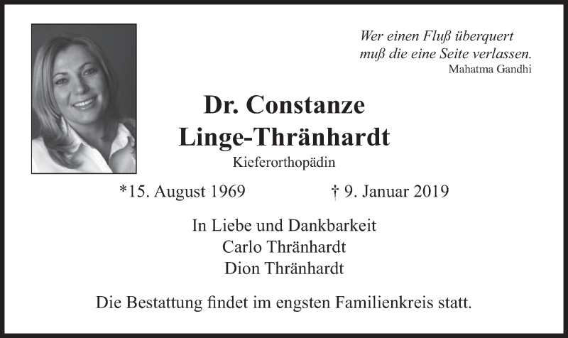  Traueranzeige für Constanze Linge-Thränhardt vom 16.01.2019 aus merkurtz