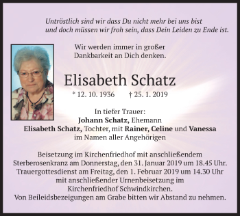 Traueranzeige von Elisabeth Schatz von merkurtz