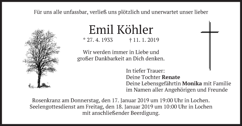  Traueranzeige für Emil Köhler vom 16.01.2019 aus merkurtz