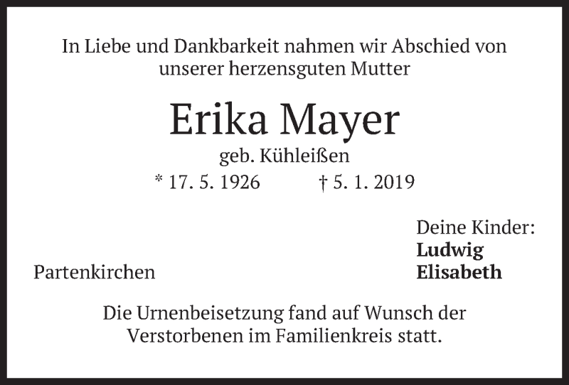  Traueranzeige für Erika Mayer vom 22.01.2019 aus merkurtz