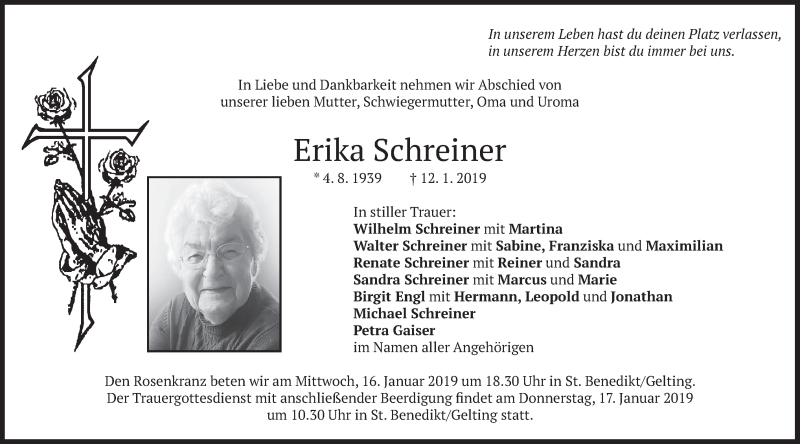  Traueranzeige für Erika Schreiner vom 15.01.2019 aus merkurtz